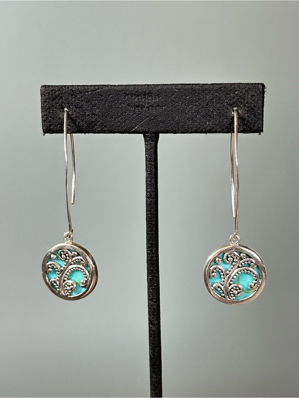 CFJ 925 Sterling Silver Paisley Filigree Stone Dangle Earrings Bling Beachwear